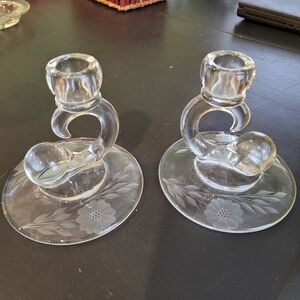 Cornflower etched Elegant Clear Glass Candle Holders